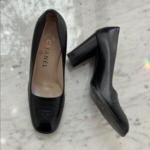 CHANEL Black Leather Block Heel Pumps